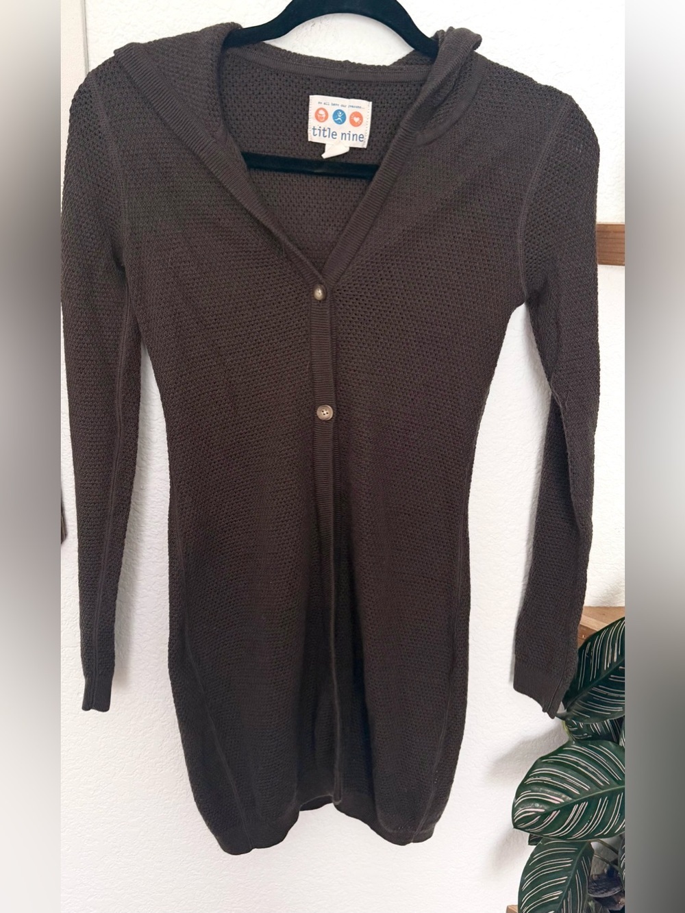 Title Nine Wool Knit Long Cardigan Sweater Hood Size XS Brown Layer Outdoor